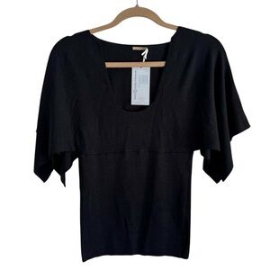NWT Max Studio Black Bodycon Split Sleeve Knit Top Silk Blend Stretch Blouse Sm